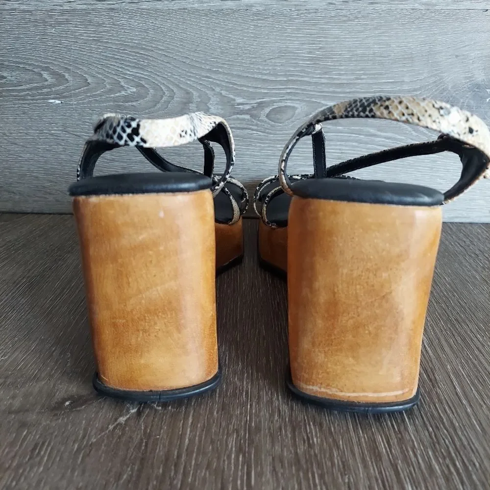 Ellemenno Vintage 90s y2k Strappy Snake Skin Chunky Platform Wood Sandal 7.5